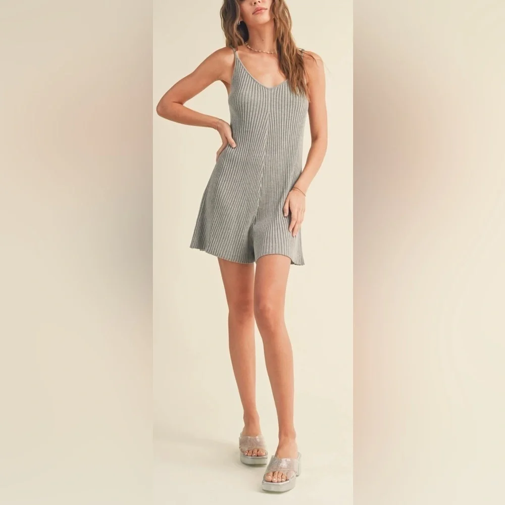 Miou Muse Ribbed Knitted Romper Gray